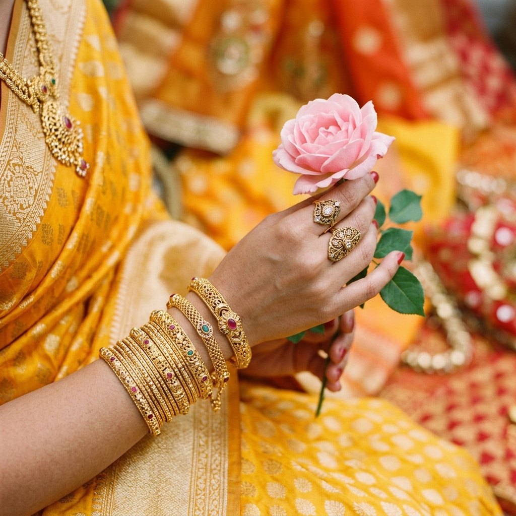 Hand with gold bangles holding a pink rose