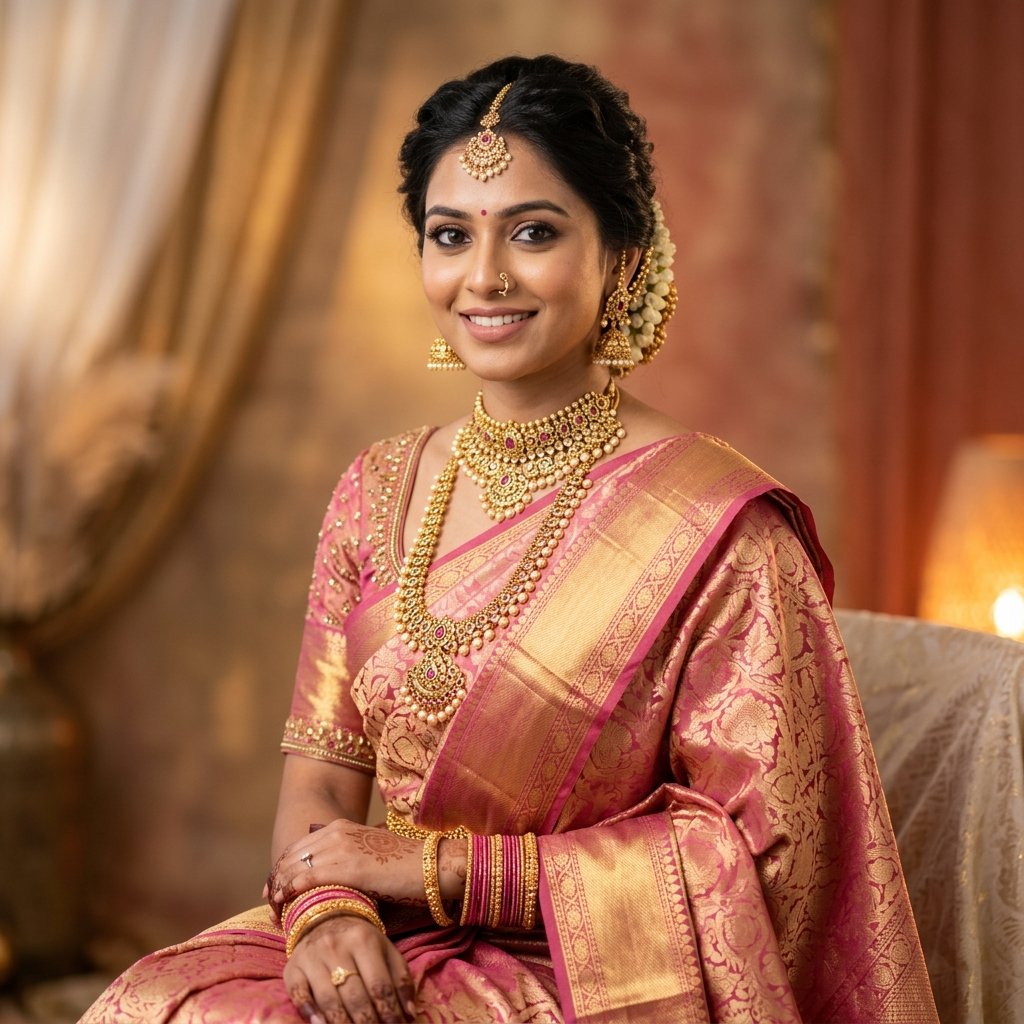 Beautiful Indian woman wearing gold jewelry in pink saree
