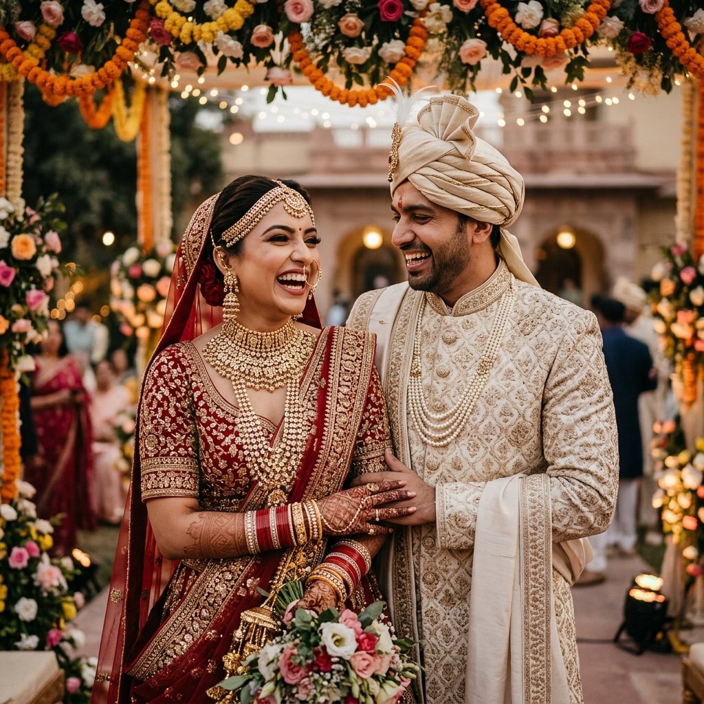 Traditional Indian couple laughing happily
