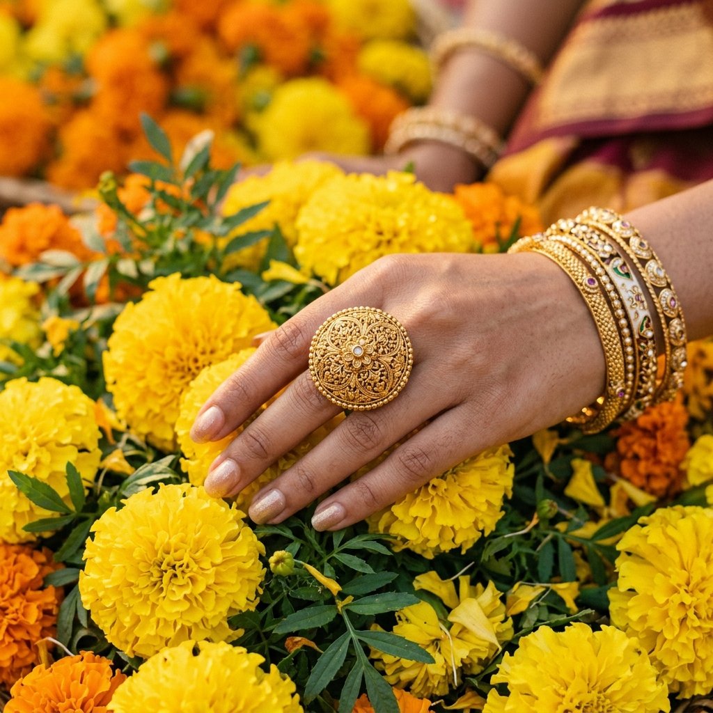 Hand wearing gold ring on marigold flowers