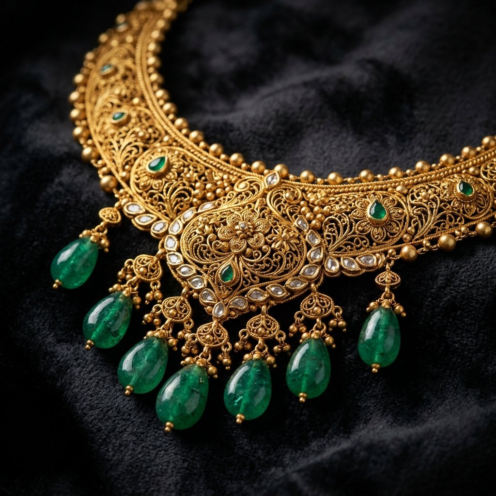 Aurosa Traditional Gold Emerald Necklace close-up